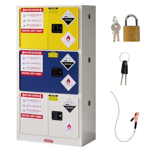 SPECRAFT 50 Gal Flammable Safety Cabinet, 65x34x18 Inch, 3-in-1 Storage, Adjustable Shelves, Cold-Rolled Steel, OSHA & CE Certified, for Industrial, Lab, Institutional Use, Yellow/Blue/Grey