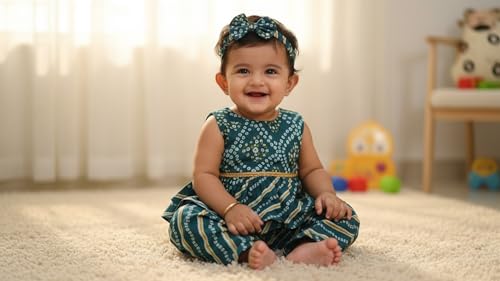 Image of The Root And Craft Kids Birthday Photoshoot Outfit Dress Girls Bandhani printed Top With Dhoti pant & Hairband Born Baby Photography Photoshoot Props(0to 18 Month)