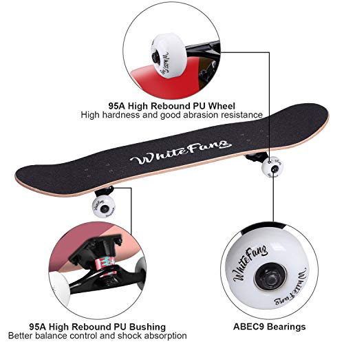 Image of WhiteFang Skateboards for Beginners, Complete Skateboard 31 x 7.88, 7 Layer Canadian Maple Double Kick Concave Standard and Tricks Skateboards for Kids and Beginners