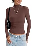EasyGala Womens Double Lined Turtleneck T Shirts Back Zipper Long Sleeve Shirts Fitted Basic Undershirts Fall Casual Going Out Oufits Thermal Lightweight Fashion Tops Brown S