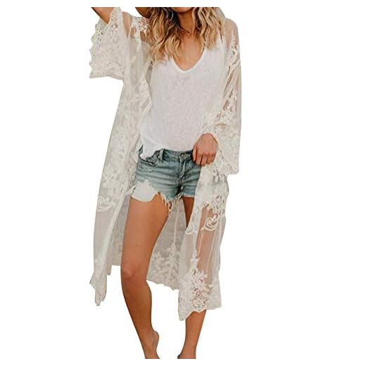 Uniquestyle Damen Spitze Bikini Cover Up Sommer Strand Badeanzug Bedecken Pareos Kimono Cardigan Strandkleid Lang One Size Weiß A