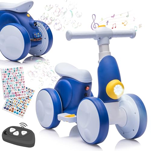 Electric Baby Balance Bike with Bubble Machine for 1 Year Old Boys Girls 4 in 1 Toddler Balance Bike 12-48 Month Kids Bubble Bike Ride Toys First Birthday Gift with Powered Motor,Music,LED Lights