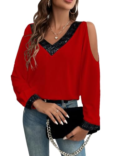 SOLY HUX Women's Contrast Sequin Blouse V Neck Cold Shoulder Long Sleeve Blouse Tops