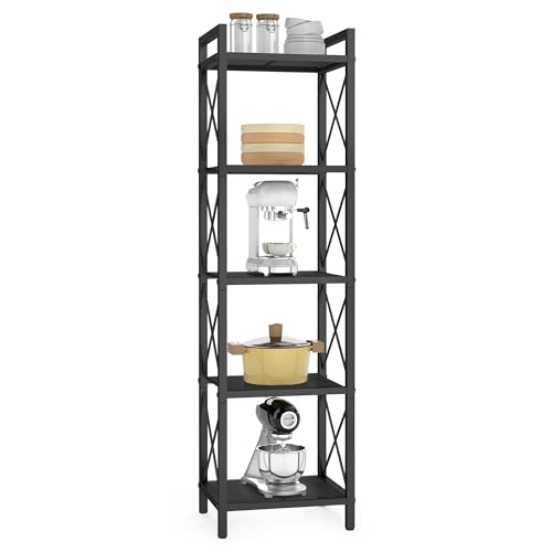 Image of SONGMICS 5-Tier Steel Storage Rack, Shelving Unit with X Side Frames | Dense Mesh, 12.6 x 15.7 x 57.3 Inches, Traditional Basic Style, Matte Black, DACEY Collection UBSC145B01