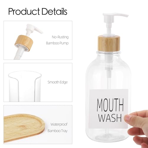 Image of Mouthwash Dispenser with Cup Holder, Plastic Mouth Wash Pump Bottle with Tray for Bathroom Organizers, 17oz Refillable Clear Mouthwash Container - Bamboo