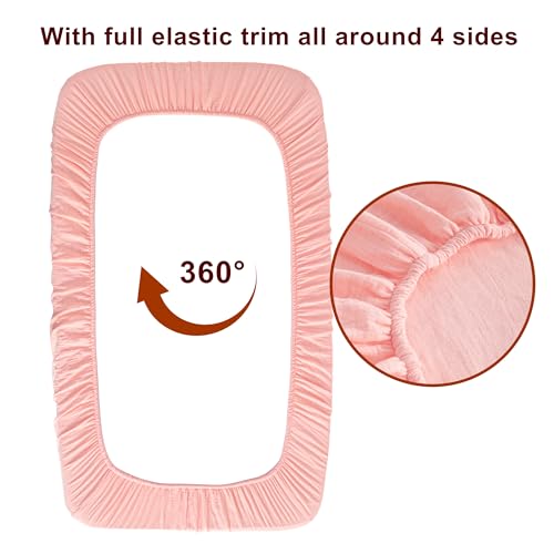 Image of NTBAY 2 Pack Muslin Cotton Mini Crib Sheets, Soft and Breathable Double Layer 24x38 Baby Crib Sheets for Mini Crib and Toddler Mattresses, Boys, Girls, Unisex, Coral Pink, 24x38 Inches