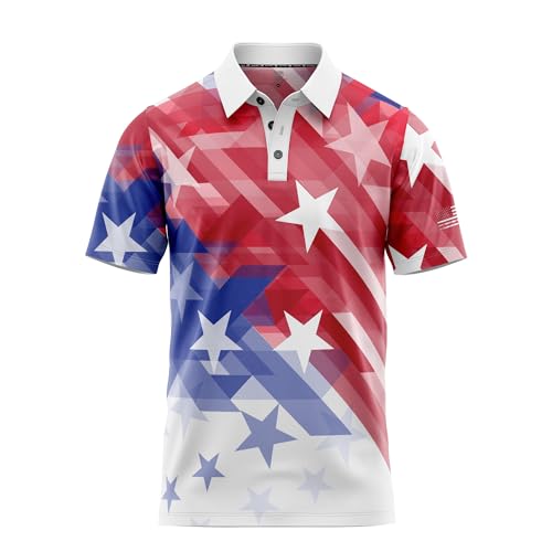 Image of Patriotic USA Golf Polo Shirt - Men's Performance Short Sleeve Moisture Quick Dry Fit Athletic Veteran UPF Stretch Casual Fun