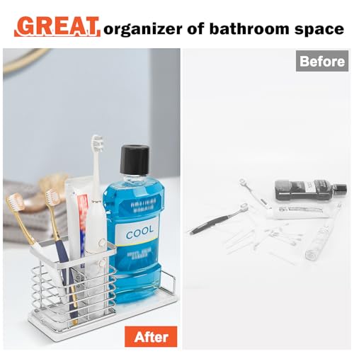 Image of Toothbrush Holder, Luxurious Metal Toothbrush Toothpaste Holder with Marble Base for Bathroom, Multi-Slots Openwork Design, Bathroom Accessory for Storage and Organizer (Large, Chrome)