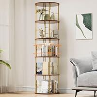 Flycity 5 Tier Rotating Bookshelf, 360° Corner Bookshelf Tower, Round Revolving Bookcase with Special Visible Partition Storage, Narrow Book Shelf Organizer for Living Room, Small Space, Gold