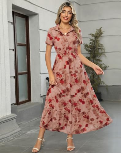 Image of Kranda Women 2026 Summer Collared V Neck Short Sleeve Button Down Chiffon Long Tiered Floral Maxi Dress with Pockets