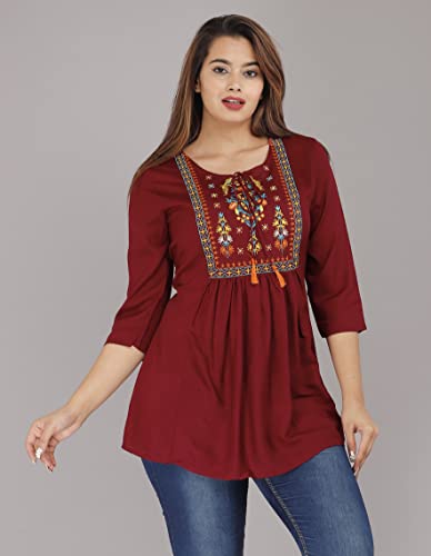 Image of Avayayat Women's Rayon Classic Heavy Embroidery Top with Beautifull Tassels at Front and on Both Sleeves Regular Fit Office Wear Festival Tunic Jeans Summer