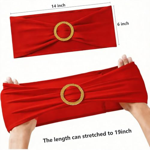 Image of Red Chair Sashes 50 Pack with Gold Buckle Slider, Spandex Red Chair Bands Bows for Folding Chairs Wedding Party Banquet Decor