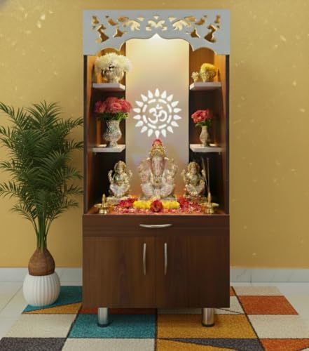 Image of Alpine Willow Premium Temple for Home (Pre-Assembled) Pooja Mandir Prayer with LED Light, Storage Display Cabinet I Corian Design I Devghar I Pooja mandir Big Size (Walnut & White, 130X60X35 CM)