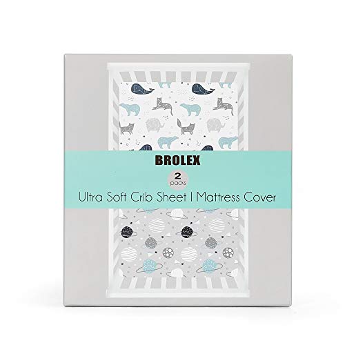 Image of BROLEX Baby Fitted Crib Sheets: Kid Crib Sheets - Set of 2 for Toddler Standard Size Crib Mattress for Boys and Girls - Jersey Knit Crib Bed Sheets Space Planet