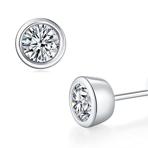 Cubic Zirconia Synthetic Diamond Earrings for Women 925 Sterling Silver Bezel Set Round Studs