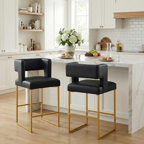 Image of Counter Height Bar Stools Set of 2, Black Lether Bar Chair Gold Leg