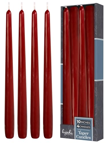 Hyoola Tall Taper Candles - 10 Inch Burgundy Unscented Dripless Taper Candles - 8 Hour Burn Time - 4 Pack