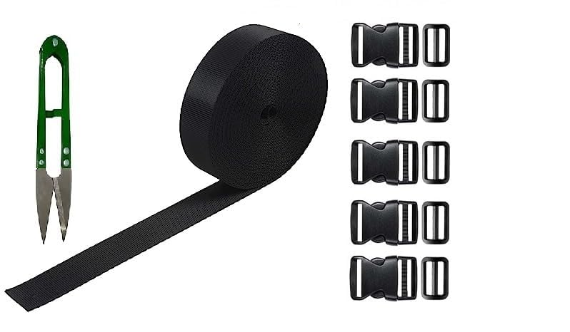 dharmatmaj new nylon webbing strap 10 meter roll with 5 buckles 5 adjuster and 1 thread cutter for backpack repairing luggage fastening strap pet collar making hiking and more (black_1 inch)