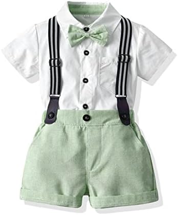 Volunboy Baby Boy Formal Short Set Toddler Summer Gentleman Outfit Kid Short Sleeve Bowtie Shirt Suspender Shorts Suit (White+Green, 3-4T)