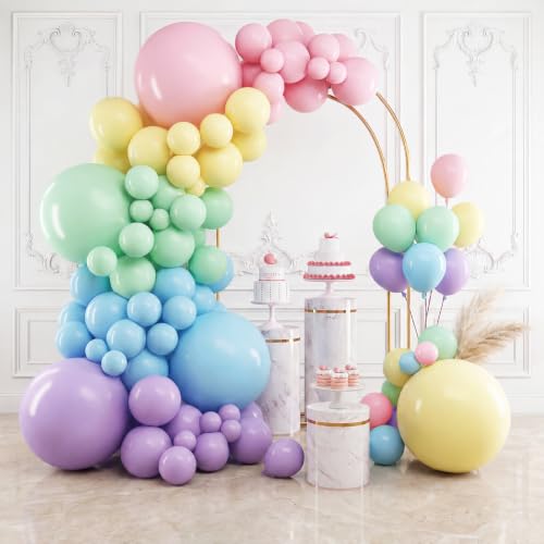 RUBFAC 154pcs Pastel Balloons Different Sizes 18 12 10 5 Inch Latex Macaron Rainbow Balloons Arch Kit for Easter Themed Party Birthday Wedding Baby Shower Grad Anniversary Decoration
