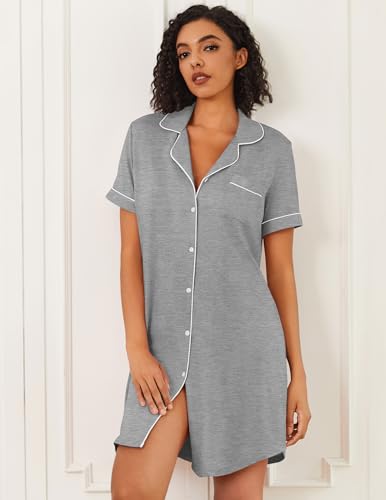 Image of Ekouaer Nightgowns for Women Bamboo Viscose Sleep Shirts Button Down Night Shirt Short Sleeve Boyfriend Pajama Dress