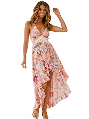 Robe longue d'été en dentelle bohème rose taille L Adhdyuud