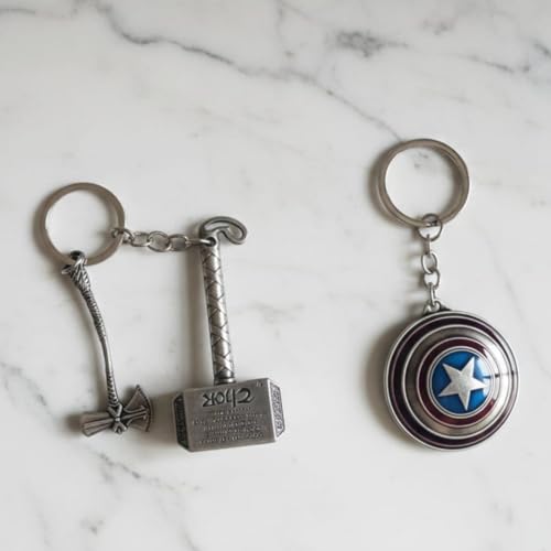 Image of MARVEL THOR Metallic SILVER Hammer,Stormbreaker /Axe & DR STRANGE,CAPTAIN AMERICA SHIELD Spinning KEYCHAIN,Heavy Quality Metal,Combo Pack for Kids Men Women Car Bike Home
