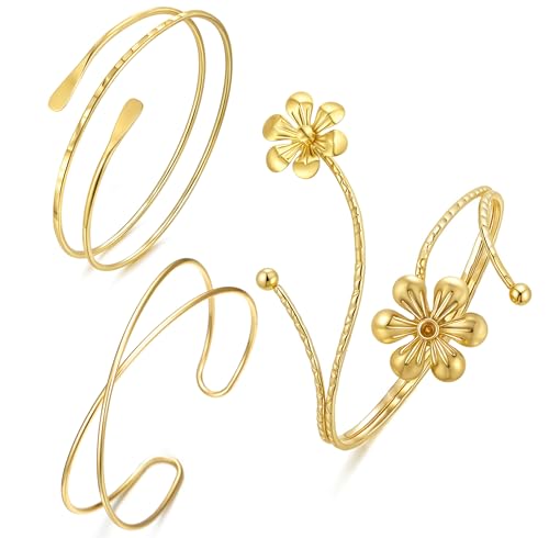 BOMAIL 3Pcs Gold Arm Cuff Bracelets for Women Open Adjustable Upper Arm Bangle Adjustable Coil Swirl Armlet Armband Set Minimalist Upper Arm Cuff Jewelry for Women