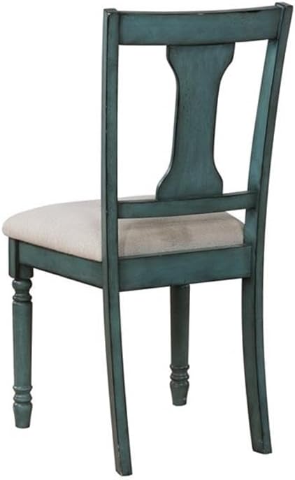 Pemberly Row Transitional Rubberwood Dining Side Chairs, Teal Blue Finish, Set of 2, Padded Seats with Polyester Upholstery, Turned Legs, Chiseled Edging, 19"x20.38"x37.75", Dining Room Seating