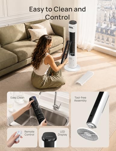 Image of ZAFRO Tower Fan for Bedroom, 37'' Bladeless Fans with 4 Modes 6 Speeds, 26 ft /s Velocity, 28dB Quiet for Sleep, LED Touchpad & 12H Timer, 90 Oscillating Floor Fans that Blow Air, Black+White