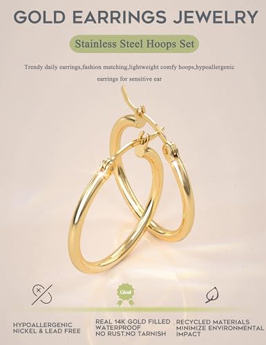 ORAZIO 4 Pairs Stainless Steel Hoop Earrings Set Cute Huggie Earrings for Women,Gold-Tone,10MM-20MM - Thumbnail 4
