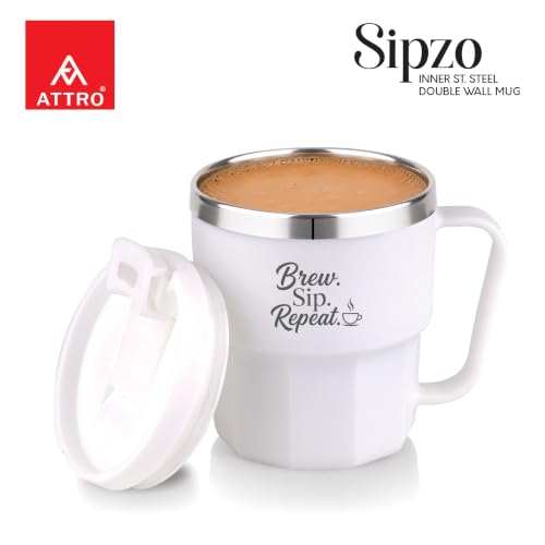 Image of ATTRO Sipzo Double Wall Inner Steel Coffee Mug, 350ml, Microwave Safe, Stainless Steel Inner, BPA Free Food Grade Outer, Leakproof Lid with Dust Cover, Wide Mouth, Office & Travel Mug-White