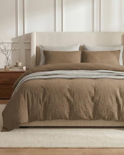 SE SOFTEXLY Muslin Duvet Cover Oversized King Size, 100% Washed Cotton Duvet Cover Set, Ultra Soft Comforter Cover Linen Like, 3 Pieces Gauze Duvet Cover with 2 Pillowcases, 98"x120", Light Brown