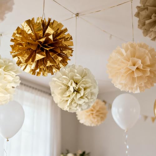 Image of Gold Champagne Gold and Ivory Paper Pom Poms for Wedding Birthday Gold Party Decoration - Ceiling Wall Hanging Tissue Flowers - 12pcs 3 Colors of 12 Inch 10 Inch 8 Inch