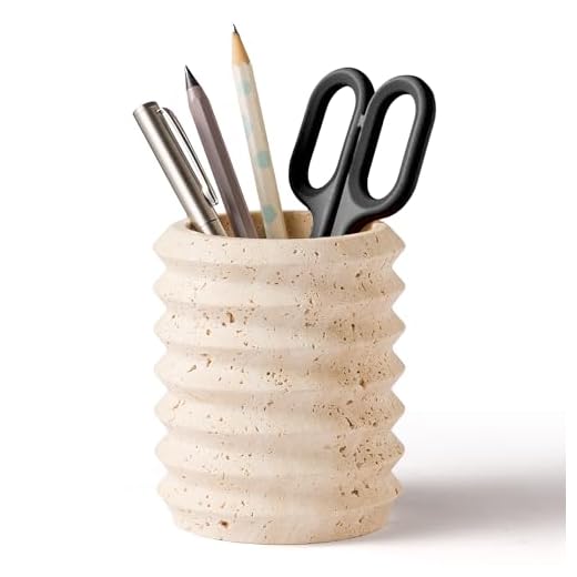 WORHE Suporte de caneta para mesa, porta-pincéis de maquiagem de pedra travertino natural, copo de lápis moderno e funcional para material de escritório, organizador de utensílios de mesa para