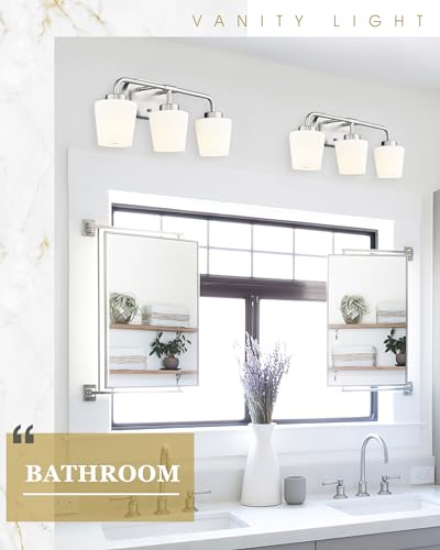 Image of Bathroom Light Fixtures Over Mirror, 3-Light Brushed Nickel Vanity Lighting Fixtures with Milk White Glass, Vintage Farmhouse Wall Sconces Lighting, AD-22004-3W-SN