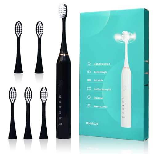 Sonic Electric Toothbrush, Rechargeable Power Toothbrush with 6 Duponts Brush Heads, with 2 Minute Smart Timer, 5 Modes with Teeth Whitening, Gift for Family