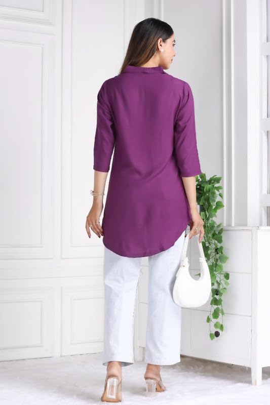 Image of Mlada Rayon Flare Top for Women | 3 /4th Sleeve Regular Fit and Flare Top | Women Office Tops Tunic | Western Long Shirt Top for Women | Shirt Collar Top for Women | Rayon Tunic Tops for Women Western