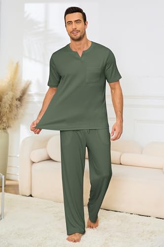 Image of JiniGolla Mens Pajamas Set Soft Short Sleeve Top and Pant Loungewear Sets 2 Piece Pjs with Pockets