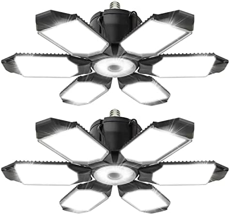 LED Garage Light,200W 20000LM 6500K Deformable LED Garage Ceiling Light with 6+1 Adjustable Panels Commercia Bay Light for E26/E27 Screw Socket, Basement,Barn,Workshop,Attic (2Packs & 6+1Panels)