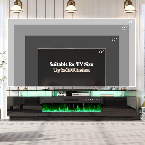 Image of AMERLIFE 90 inch High-Gloss Fireplace TV Stand with 50 inch Electric Fireplace | Black LED TV Console, Modern Living Room Entertainment Center, Fits TVs up to 100 inch, 2 Cabinets, 2-Tier Storage Space