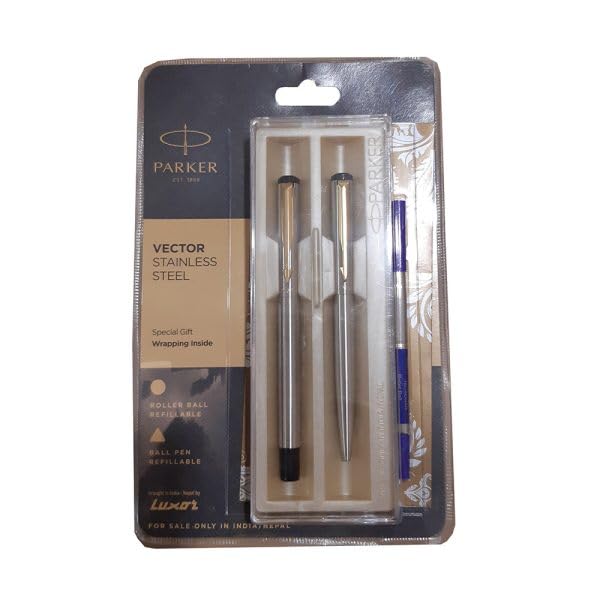 Image of PARKER Vector Stainless Steel with Gold Plated Clip Rollerball + Ball Pen Set