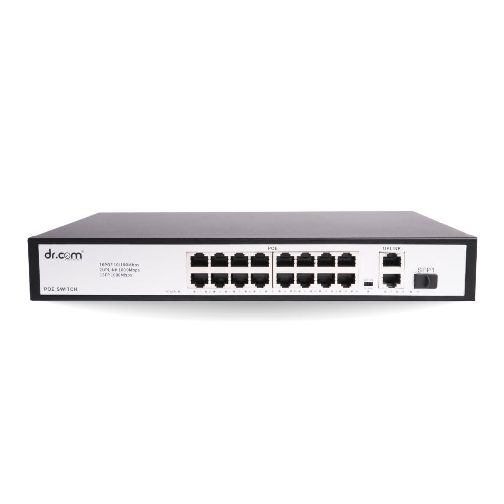 DR.COM 19 Port PoE Switch with 16 PoE Ports 2 Uplink Ports and 1 SFP Slot 250W Power IEEE 802.3af/at Network Switch for CCTV IP Camera Plug and Play Rackmount Metal Body Black-image-31