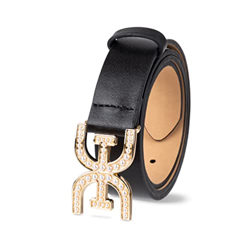 Sam Edelman Women's Imitation Pearl Embellished Double-E Logo Plaque Buckle Leather Belt for Jeans, Dresses and Trousers3