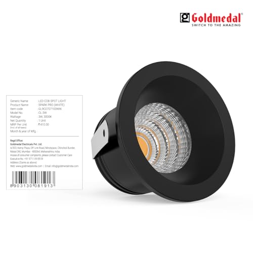 Image of Goldmedal Spark Pro 3W Black LED COB Spot Light - Warm White (3000K) |Cut-Out Size:O30mm |Recessed Spot Light for False Ceiling |Suitable for Indoor Application |Body Color:Black |Aluminium Housing