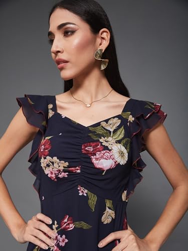 Image of Miss Chase Women's Round Neck Sleeveless Polyester Ruffled Knee- Length Dress