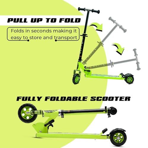 Image of Kick Steel Scooter for Kids, 3 Adjustable Height Scooter, Foldable & Attractive PVC Wheels with Rare Brakes for Kids Age Upto 3+ Years Strong Steel Base Heavy Dute Upto 70kg (with Shocker) (Green)