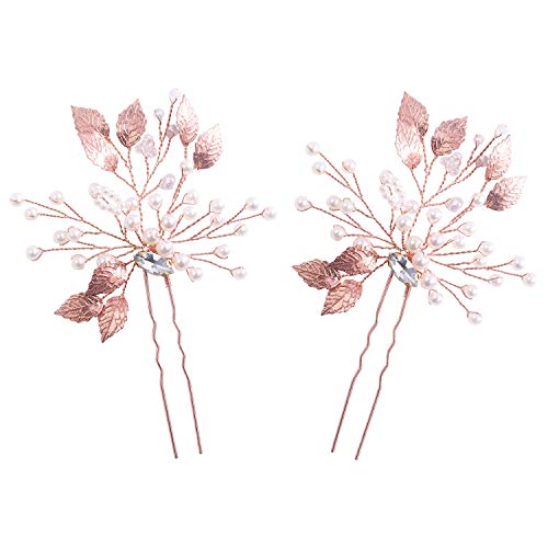 Missgrace Bridal Crystal Leaf Rose Gold Hair Pins Women Crystal Headpiece Wedding Rose Gold Leaf Hair Pins Clip Hair Jewelry Wedding Hair Accessories (Pack of 2) (Rose Gold)