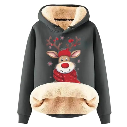 Image of Christmas Hoodies for Women UK Winter Warm Fleece Lined Holiday Hoodie Tops Plus Size Funny Reindeer Graphic Printed Long Sleeve Pullover Xmas Jumper (A04-Grey, XXXXL)
