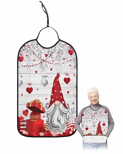 LEOKOTI Valentines Gnomes Adult Bibs for Eating, Waterproof Bibs with Food Catcher & Adjustable Snap Closure, Red Grey Love Heart Botanical Wooden Washable Clothing Protectors Adult Bibs for Elderly